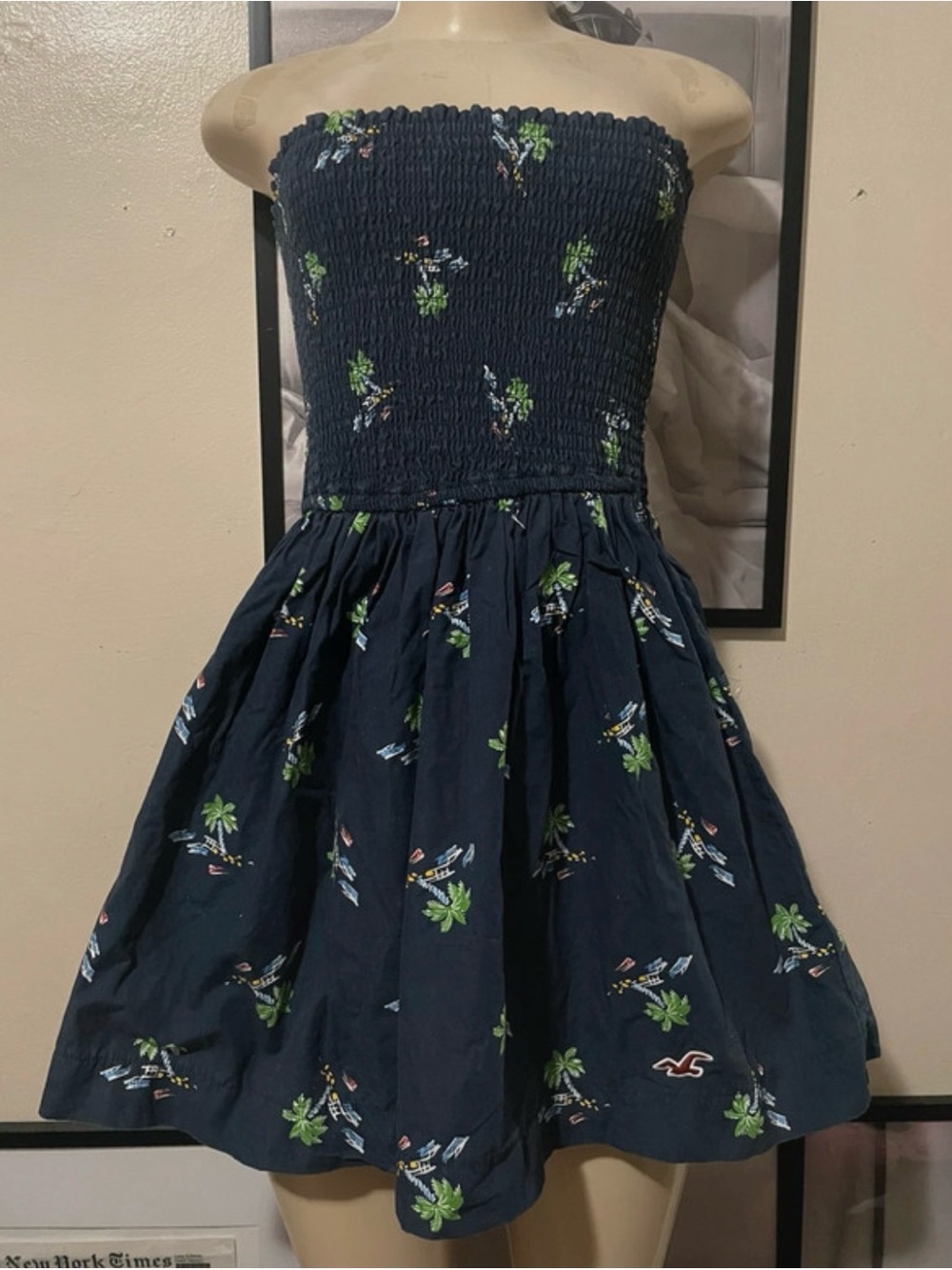 Hollister Vintage Navy Strapless Tropical Print Dress